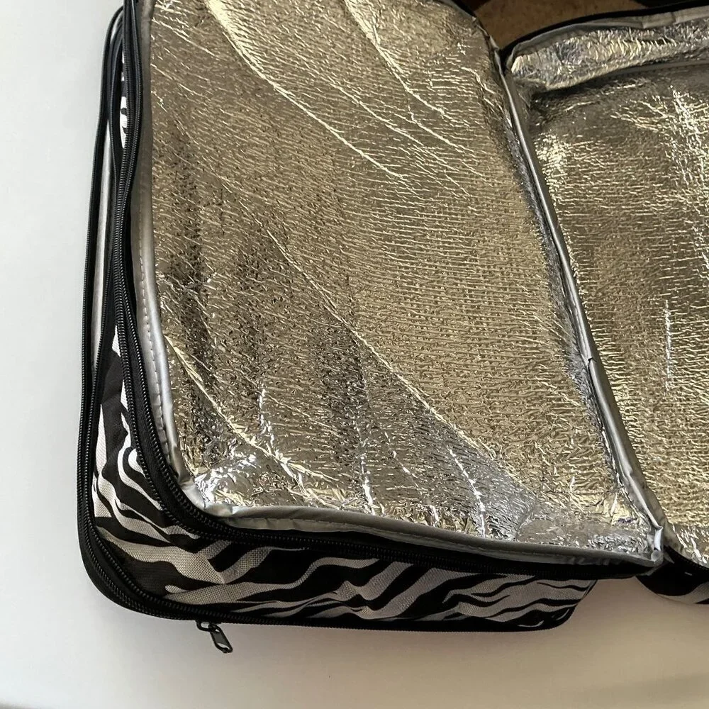 DOUBLE DECKER INSULATED FOOD AND BEVERAGE CARRY BAG ZEBRA PRINT PICNIC, TAILGATE